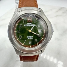 VINTAGE Timex Expedition 40mm Watch WR50m Green Dial Original Genuine Leather