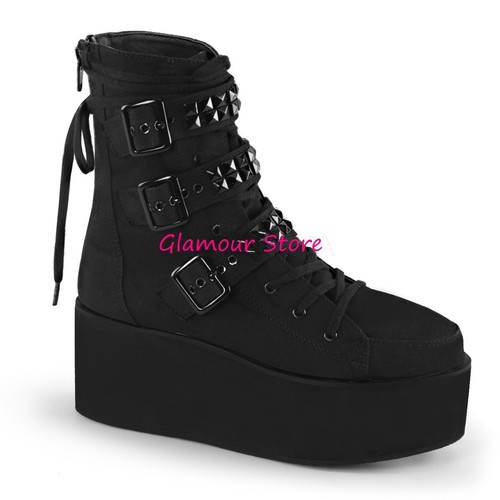 Sexy STIVALETTI ANFIBI DONNA tacco zeppa 7 cm NERO borchiette zip scarpe  rock | eBay