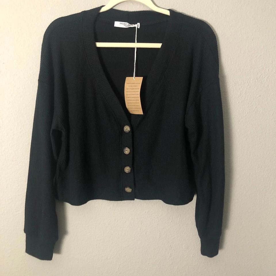 Cárdigan corto Project Social T Los Angeles mediano negro acanalado precio de venta sugerido por el fabricante $148 nuevo con etiquetas Foto 3 de 4