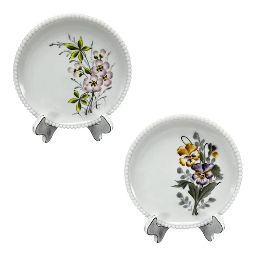 Westmoreland Set Of 2 Milk Glass Hand Painted Beaded Plate Flowers Floral VTG