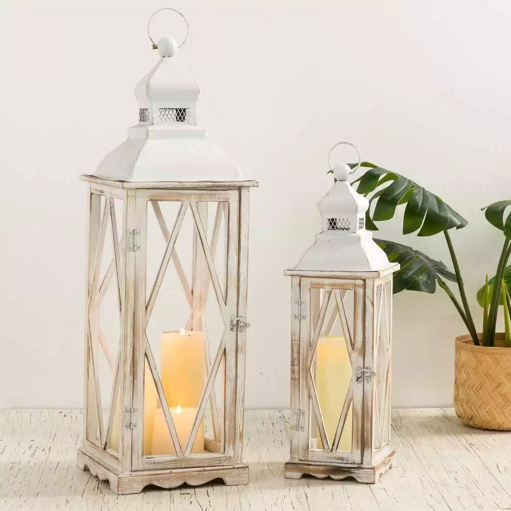 Glitzhome Set of 2 Elegant Farmhouse Wooden Metal Hanging Candle