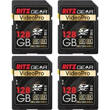 Ritz Gear 128GB High-Speed SDXC UHS-II SD Card, C10, U3, V90, HD & 8K - 4 Pack