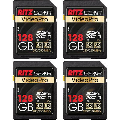 Ritz Gear 128GB High-Speed SDXC UHS-II SD Card, C10, U3, V90, HD & 8K - 4 Pack