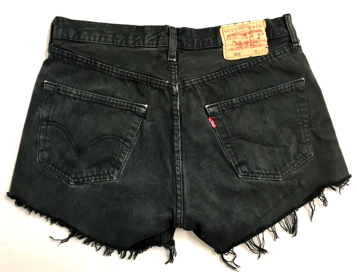 Levi s Black Grey Frayed Raw Hem Denim Indie Boho Festival Shorts Size 14 32