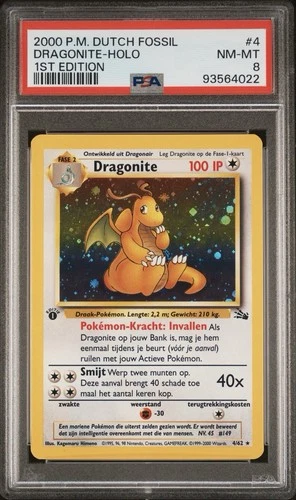 2000 Pokemon DUTCH 1st Edition Fossil Dragonite Holo 4/62 PSA 8 NM-MT