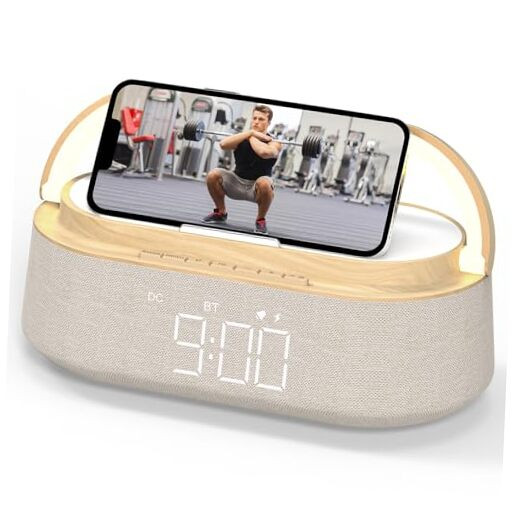 Bluetooth Speaker with Wireless Charger, FM Radio, Adjustable LED Night Wood-image