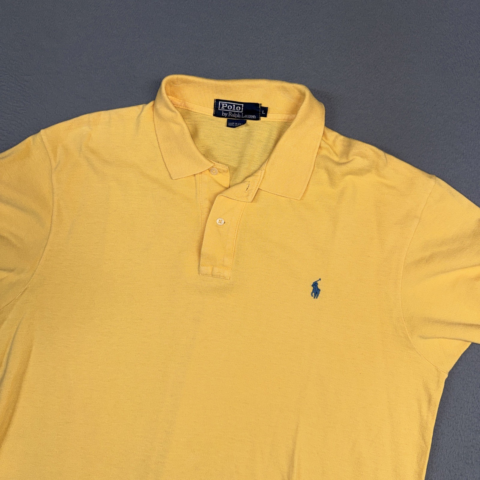 Polo Ralph Lauren Polo Shirt Mens Large Yellow Stretch Vintage USAA Blue Pony