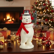 Primitive Christmas 7.75 Inch Glittered Snowman w/Red Earmuffs  Scarf/Tree