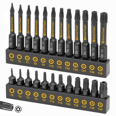 Torx Bit Set 24-Piece S2 Steel 1 And 2.3 Inch Long T5 - T40 Security Tamper
