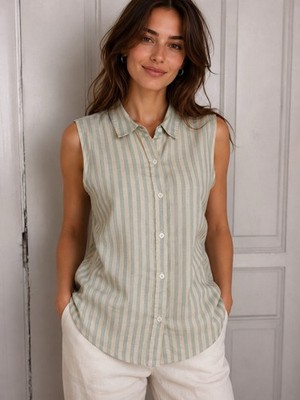 Faherty NWOT Malibu Sleeveless Linen Blend Shirt Blue Cinque Terre Stripe  Sz M