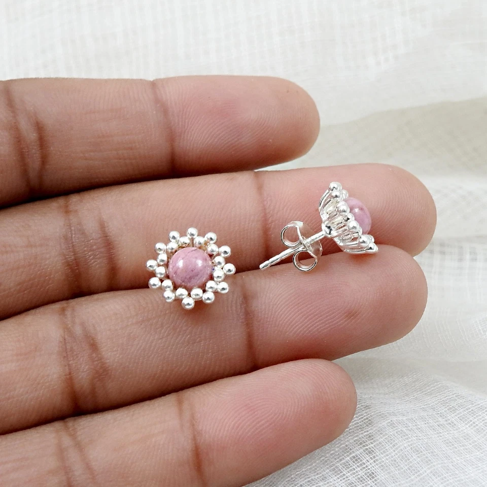 Rodocrosita Piedra Preciosa 925 Plata Minimalista Flor Dormilonas Regalo Para Su - Imagen 4 de 4