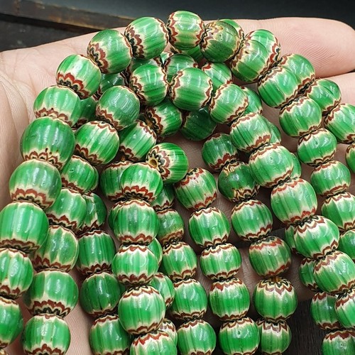 Green Chevron Venetian Glass Beads: African Trade Necklace (10-11mm)