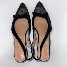 Women s Black Pointed Toe Heels Polka Dot Sheer Mesh Bow Ankle Strap Block Heel