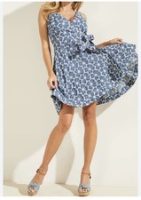 GUESS Blue Floral Sleeveless Fit & Flare Wrap Dress Tie Waist Size M