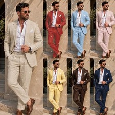 Linen Men's Suits Summer Office Business Wedding Groomsmen Tuxedo Beach 2 Pieces