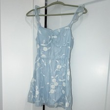 S.L. Fashions Blue/White Floral Embroidered Strappy Lace-Up Mini Dress XS