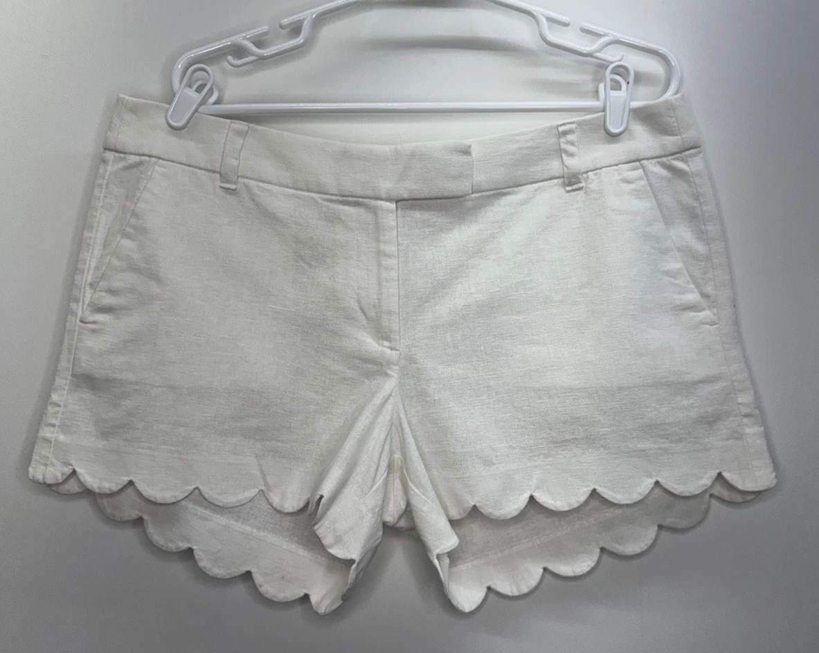 J Crew NWOT Bright White Scallop Hem Linen Blend Shorts Capsule Beach Preppy 14