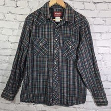 Vintage 90s Wrangler Western Flannel Shirt Mens L Blue Green Plaid Pearl Snap