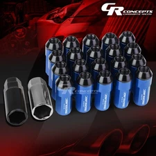 JDM BLUE 20PCS M12X1.25 23MM OD 53MM TALL ALUMINUM LUG NUTS WITH CAPS+ADAPTER