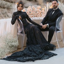 Long Sleeves High Collar Black Lace Open Back Mermaid Wedding Gowns Bridal Dress