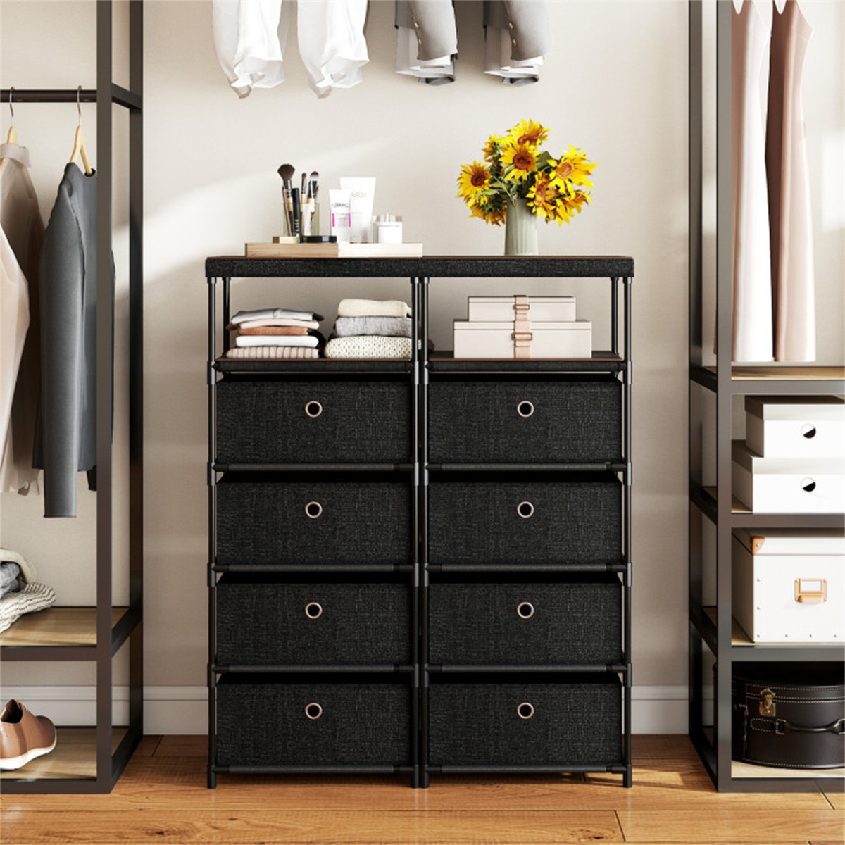 4-Drawer Fabric Storage Cabinet -Removable Foldable Drawers, Industrial Wood Top