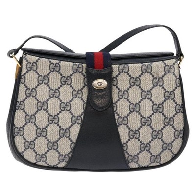 【GUCCI】ショルダーバッグ　GGスプリーム　ネイビー　PVC レザー GUCCI GG Supreme Sherry Line Bag PVC Navy Gold Red 10 02 024 Auth