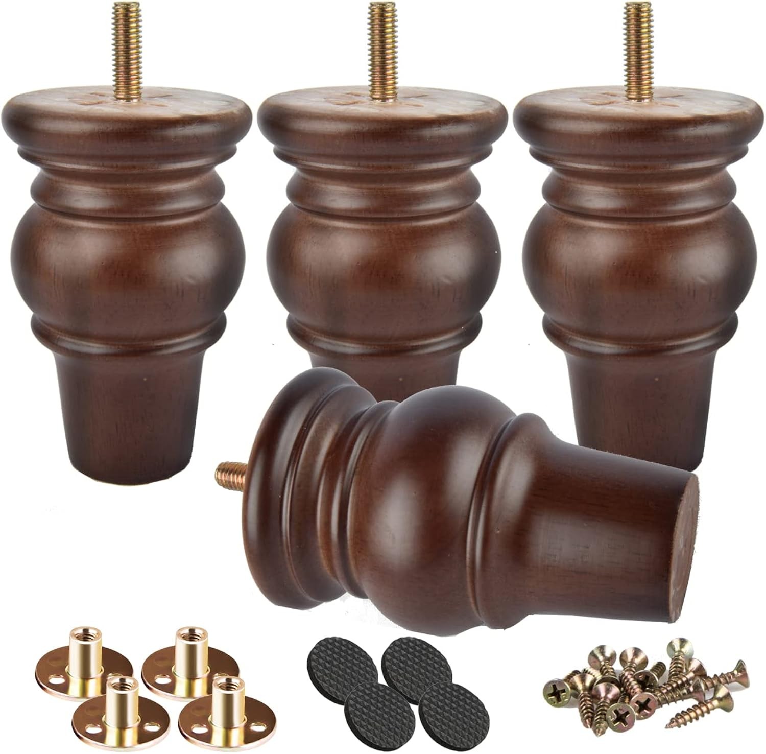 4 inch Solid Wood Bun Furniture Legs 4Pcs Walnut with M8 Bolts Sofa Couch
