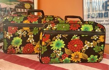 2 Vintage Suitcase- 60s Flower Power- Red Green Gold- Bantam TravelWare