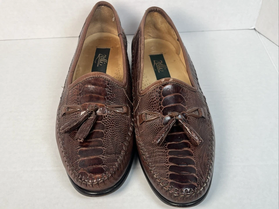 Zelli Italia Kalahari Ostrich Leg Nappa Tassel Slip On Loafers - Brown - 8 M - Image 2 of 4