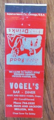 BRILLION, WISCONSIN: VOGEL'S DINER 1960s MATCHBOOK MATCHCOVER -E