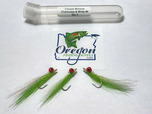 Clouser Minnow,Chartruese & White,3 Fly, Various Sizes, Extra Items ShipFree