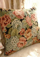 15" Vintage Full Floral Blooming Rose Antique Needlpoint Throw Pillow Cushion