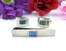 Vintage TIE CLAPS & CUFFLINKS SET Light Blue Baguettes Rhinestones Silvertone 