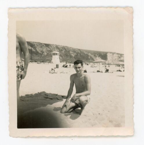 # 5 VINTAGE PHOTO SWIMSUIT FRAT BOY MAN ON  BEACH SNAPSHOT GAY - Picture 1 of 1