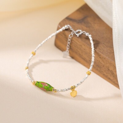 N02 Bracelet Barrel Bead with Flowers Irregular Shaped Silver Beads Silver 925