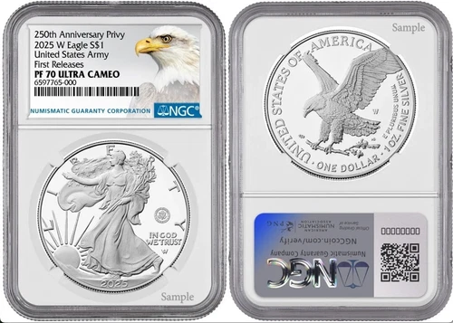 Presale 2025 W Silver Eagle S$1 United States Army Privy NGC PF70 FR UCameo