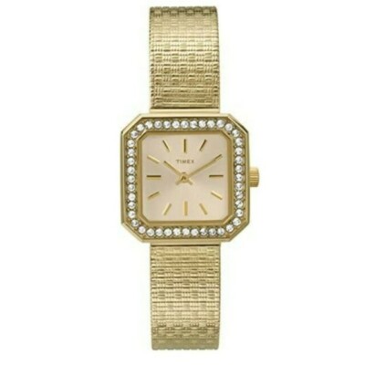 TIMEX Gold Tone, Mesh Band, Crystal Bezel,Square Small Dial
