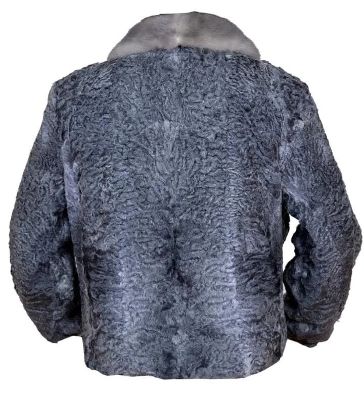 Abrigo gris piel de cordero persa real piel de astracán estilo bombardero piel de visón real cuello Foto 4 de 4