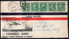 Scott 408 Strip of 4, Cleveland, Ohio to Alameda, CA First Plane Airmail Cover