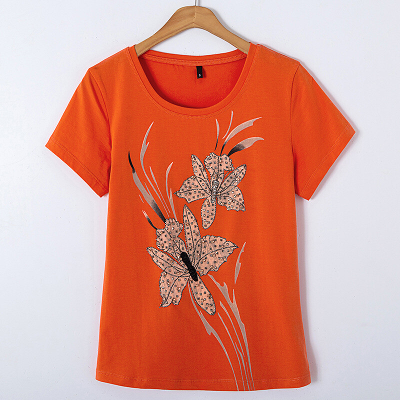 Women Girl Embroidered Floral T-shirt Cotton Blend Crew Neck Short Sleeve Top image 9