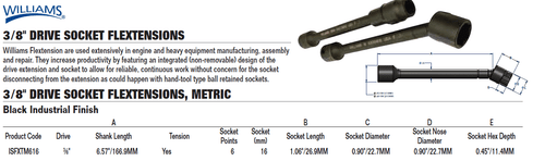 WILLIAMS TOOLS | 3/8" DRIVE 16MM SOCKET FLEXTENSION | MADE IN USA - Picture 3 of 3