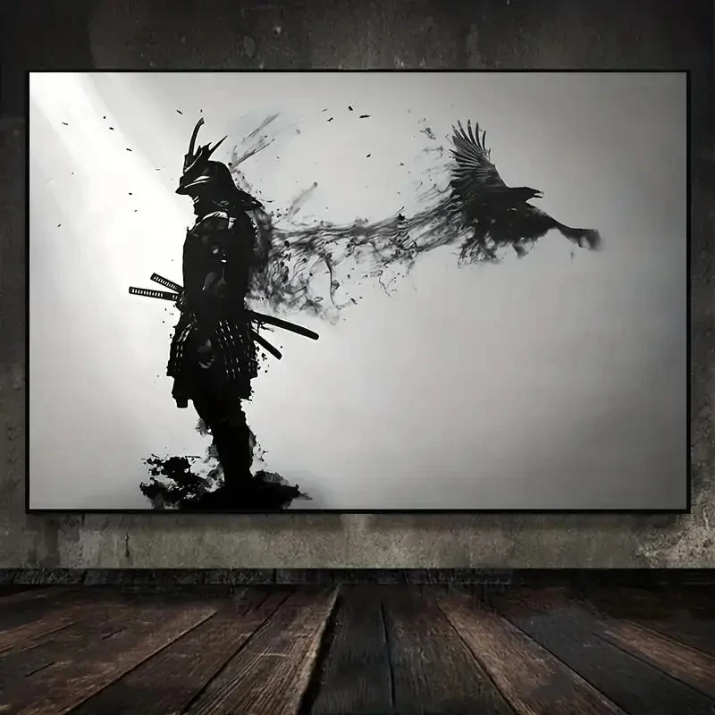 Black & White Japanese Black Samurai Man with Crow Posters and