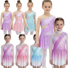 US Kids Ice Skating Dress Gradient Tulle Skirt Sparkle Rhinestone Lyrical Dance