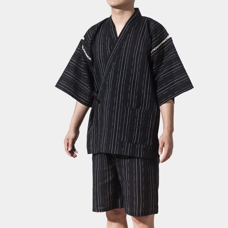 Men Japanese Kimono Pyjama Sets Yukata Jinbei Traditional Stripe Soft Nightwear - Image 4 of 4