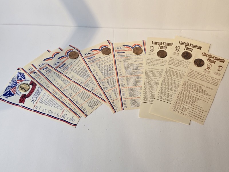 9 Commemorative Bicentennial Pennies Lincoln Kennedy Penny Lot On Cards