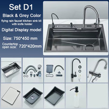 Stainless Steel Kitchen Sink with Digital Display Waterfall Faucet, Multifuncti