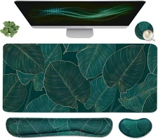 Ergonomic Large Mouse Pad and Keyboard Wrist Rest, 4 in1 Large Pad, Green Leaves