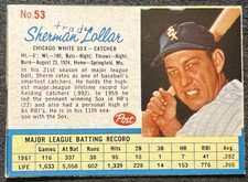 1962 POST CEREAL SHERMAN LOLLAR (CHICAGO WHITE SOX) #53 VG 