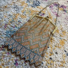 True Vintage Art Deco Metal Mesh Chain Enamel Handbag Purse
