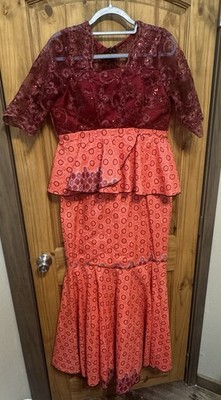 Handmade Lace & Print Peplum Formal Dress Mermaid Gown Red/Orange Size L 19  P2P